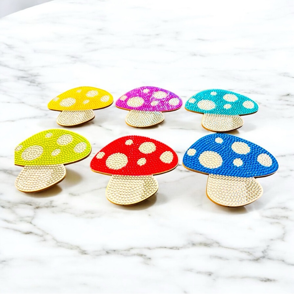 Mushroom Coasters Set of 6 Hand Crafted And Sealed w/Holder Diamond Art - Picture 2 of 3